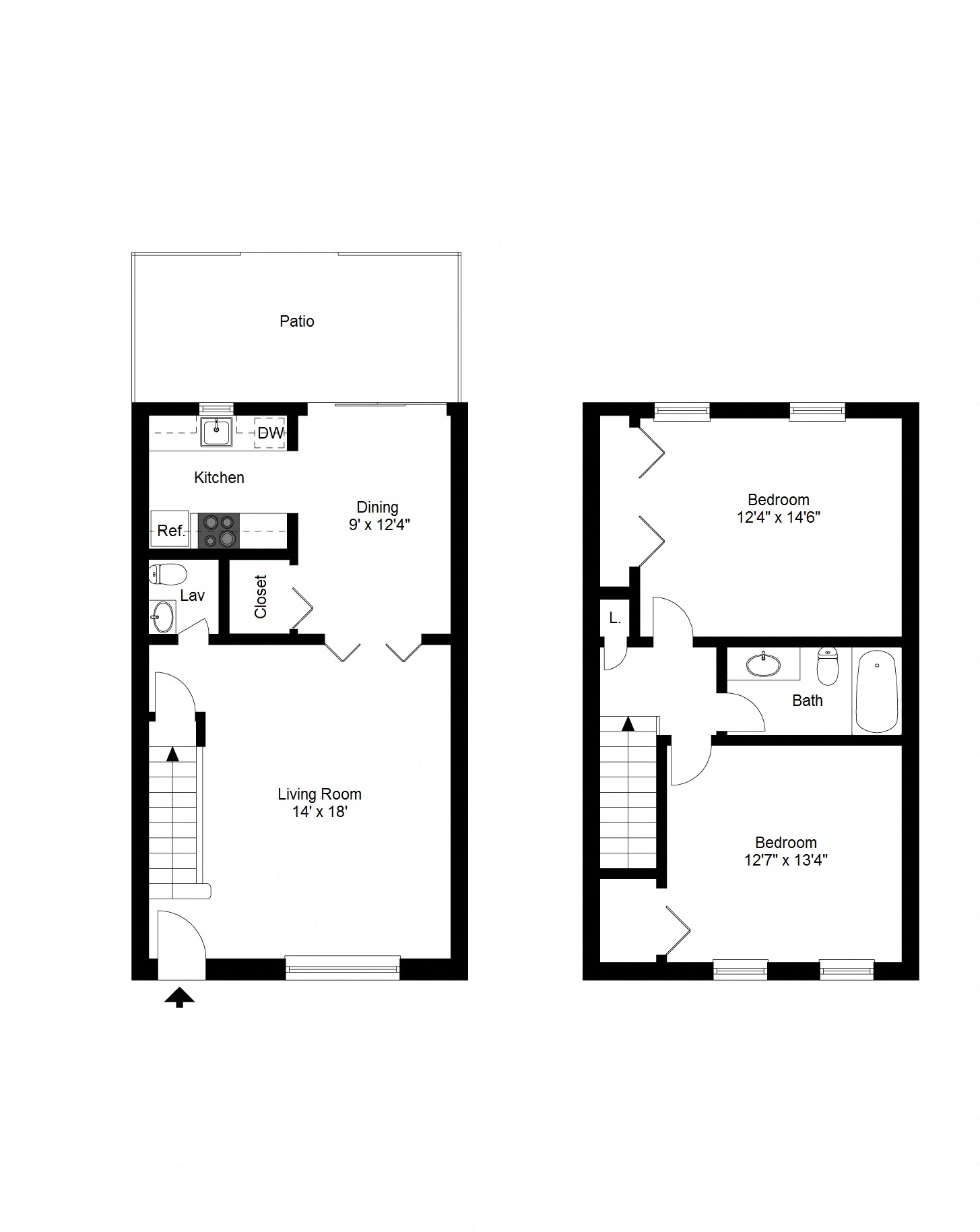 Floor plan for 2 beds, 1.5 baths, 1152 sqft